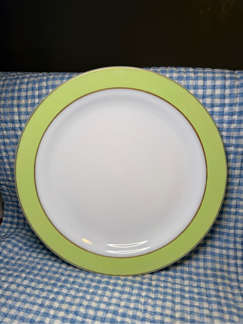 Vintage Pyrex Milk Glass Chop Plate Serving Platter – Lime Green Band with Gold